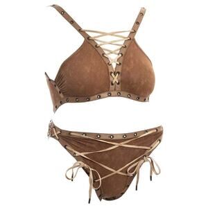 10 Galliano for Christian Dior VTG 2003 Brown Faux Leather Lace Up Bikini